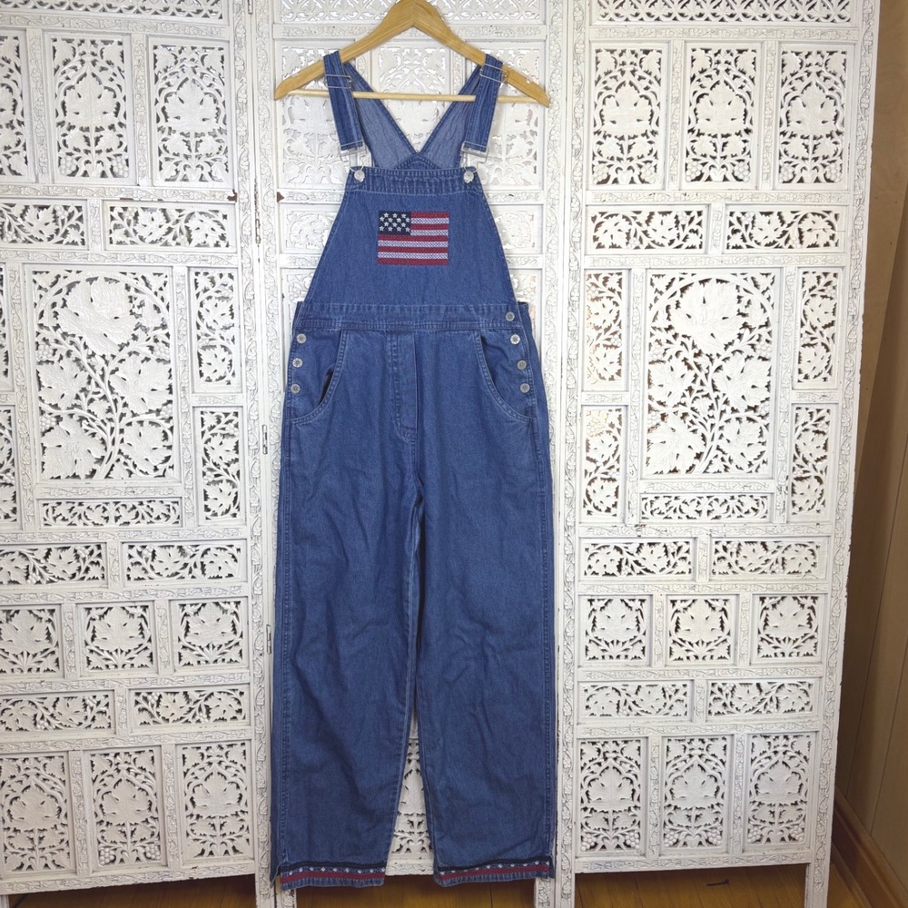 Vtg American Flag Denim Overalls Womens Small USA Americana Retro Dungarees
